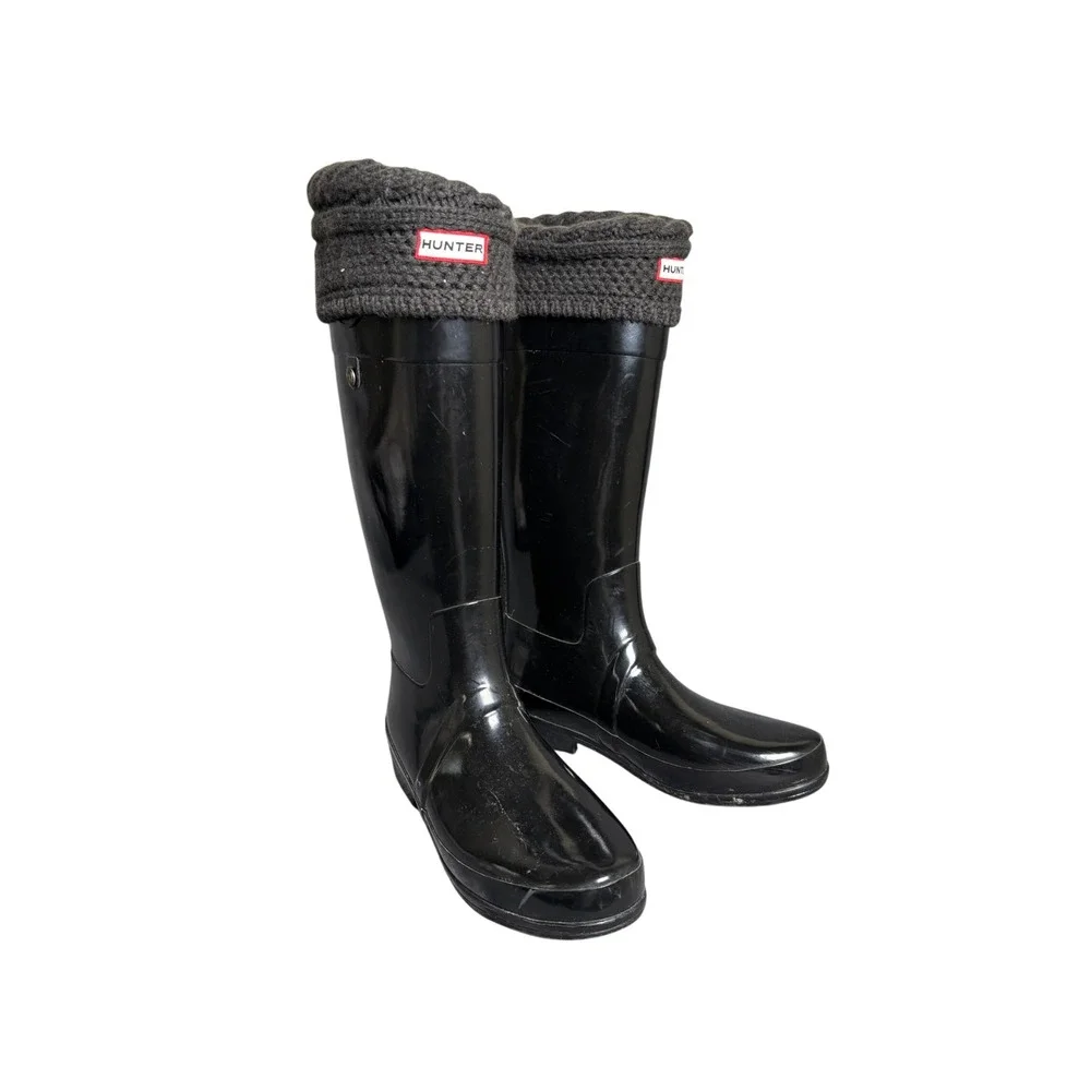 Hunter Black Black Welly Socks Knit Liners Tall Gloss Rain Boots Womens 11 US